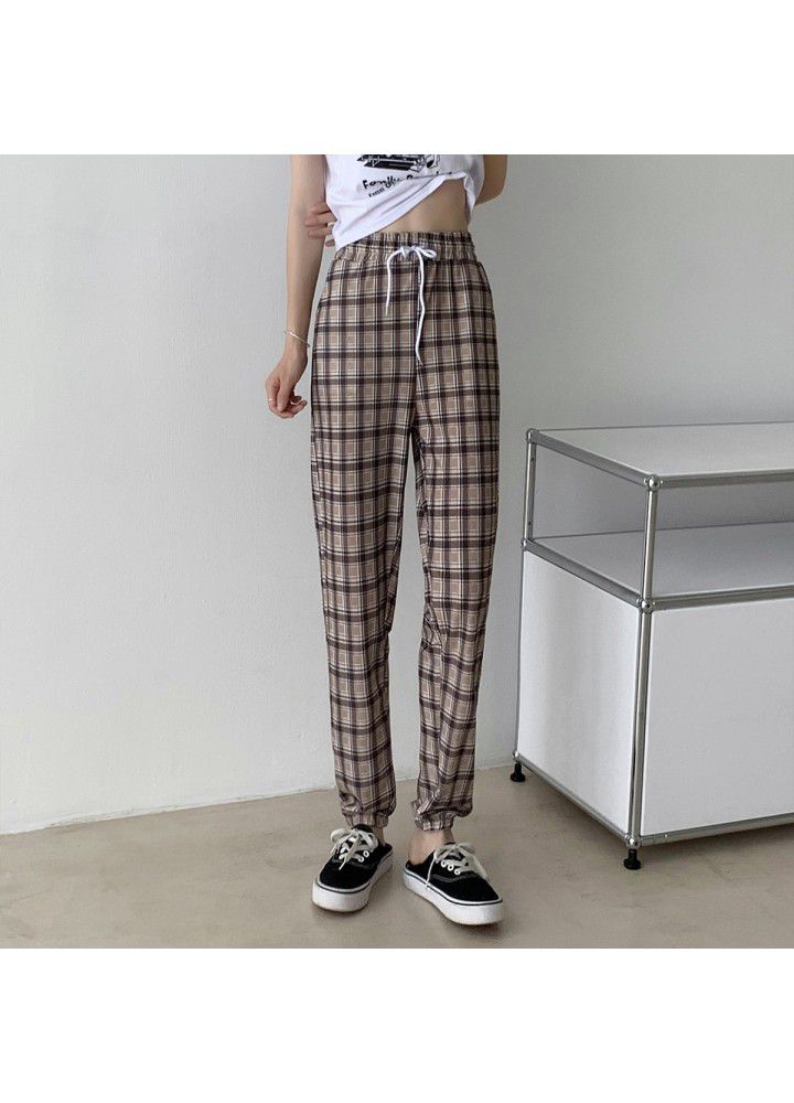Plaid pants lantern pants summer thin loose wide leg net red casual drawstring quarter sport Leggings
