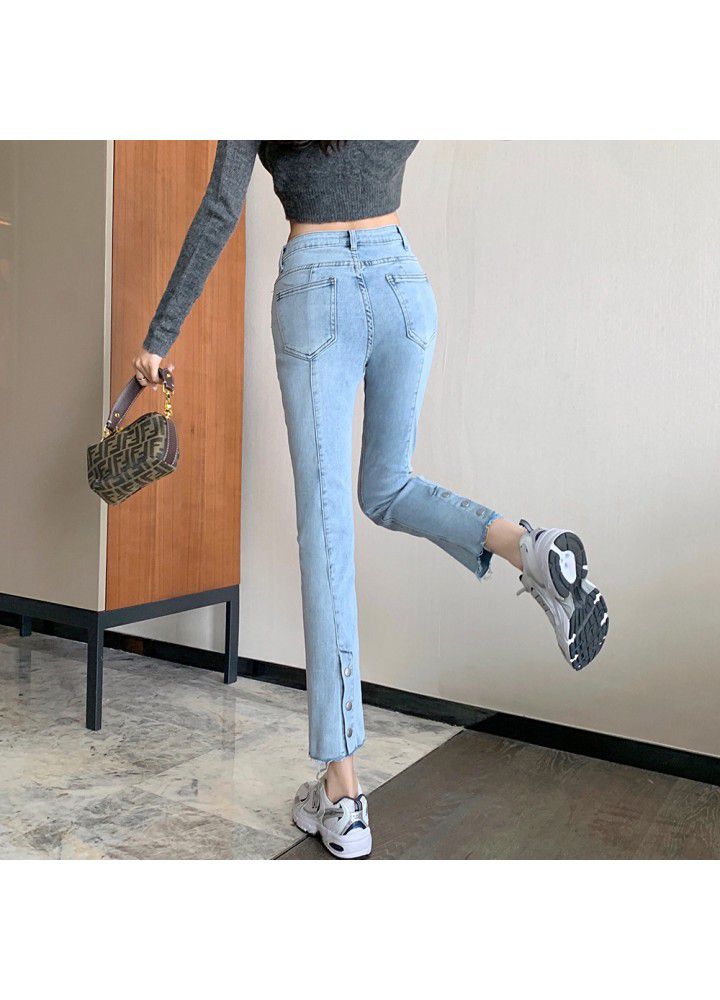 Wholesale 2021 spring high waist jeans women's straight tube loose and thin stitching button pipe