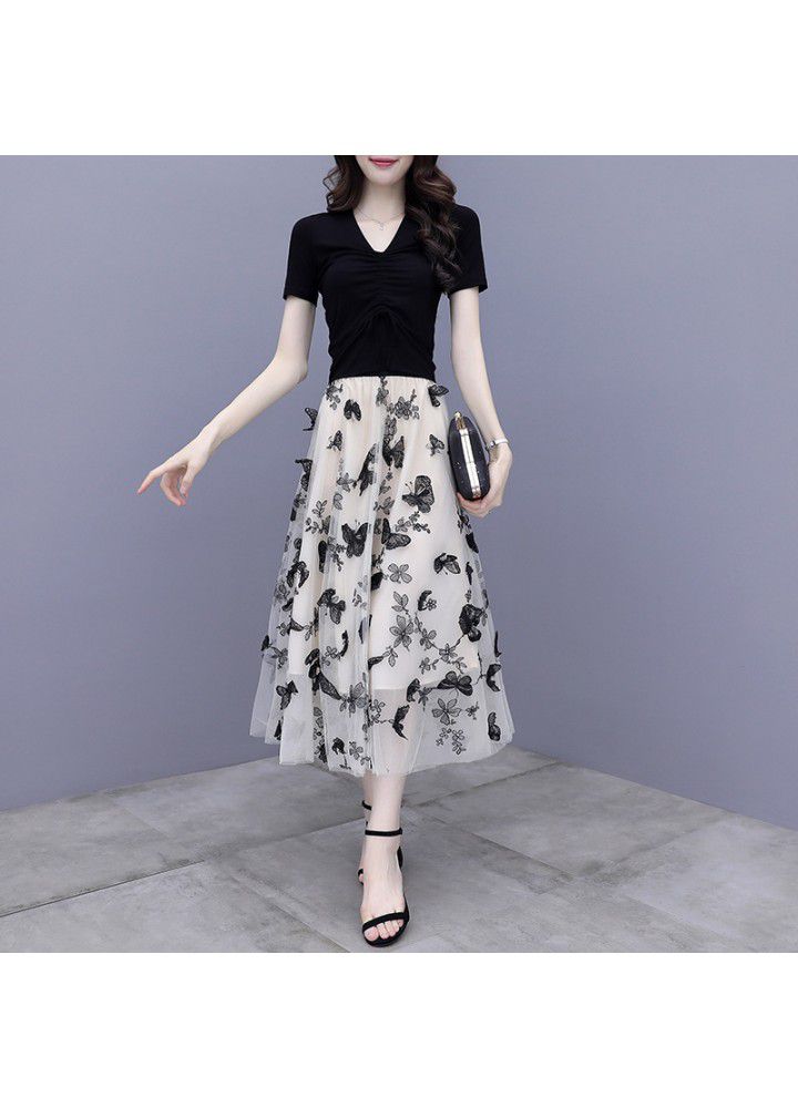 Half length skirt suit 2021 new women's summer style foreign style mesh skirt suit skirt two piece set