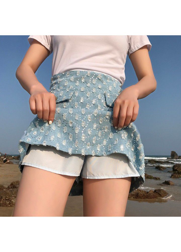 Real shot 2021 summer new Korean version versatile high waist Sequin holes show thin A-line short skirt denim skirt women