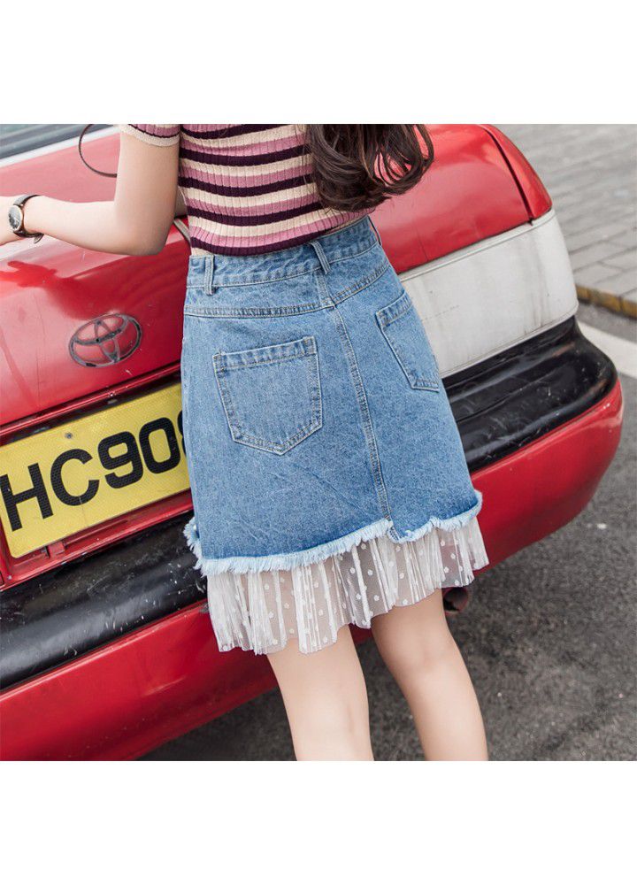 Real shot 2021 summer new Korean versatile high waist mesh splicing denim skirt women's A-line short skirt