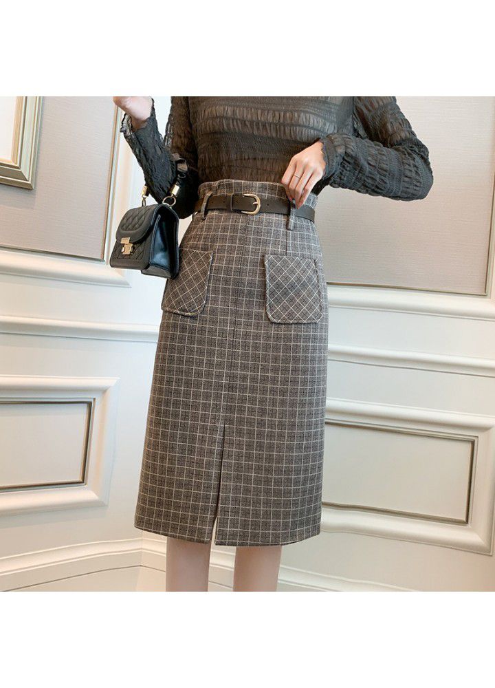 Autumn and winter 2020 new woolen Plaid mid length skirt with high and thin waist