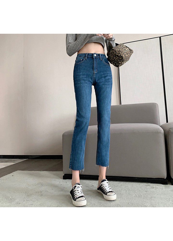 Wholesale 2021 spring high waist jeans women's straight tube loose and thin stitching button pipe