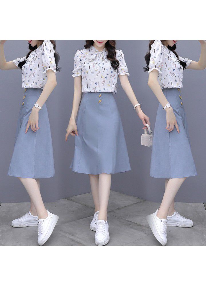 Skirt suit women's summer 2021 new short sleeve design dress with gentle wind and long skirt showing high temperament