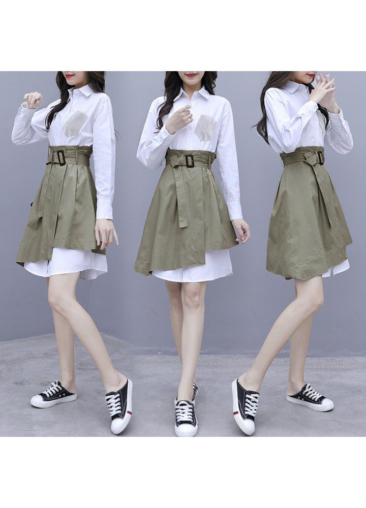 White shirt long sleeve dress spring new women spring autumn 2021 popular skirt suit two piece set