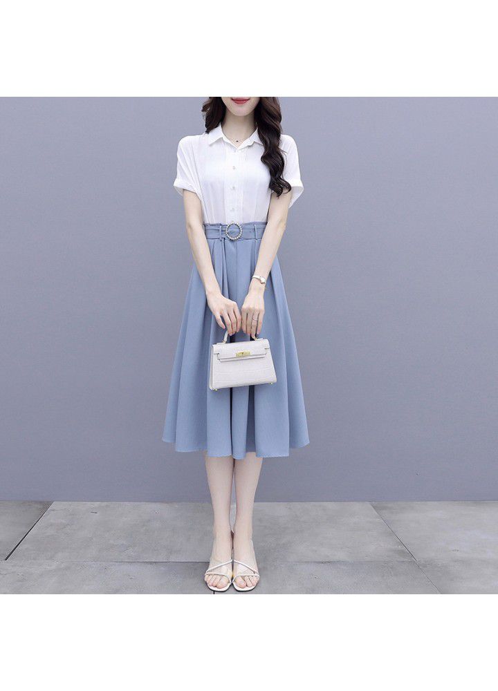 Chiffon shirt suit 2021 summer new white short sleeve shirt skirt