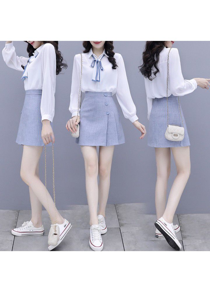 2021 spring new chiffon shirt long sleeve small tie tie tie white shirt skirt two piece set