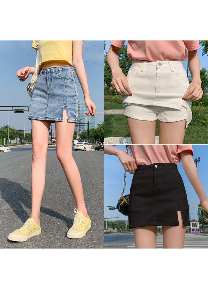 Real photo 2021 summer new net red anti light elastic high waist split denim skirt