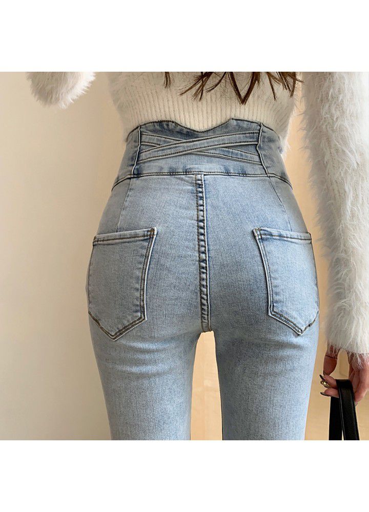 2021 spring new style real shot elastic high waist jeans for women's back waist cross over wearing skinny pants with small feet