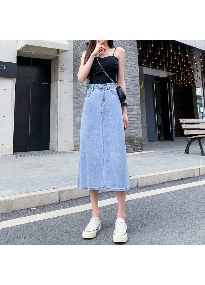 Denim skirt women's summer new cotton high waist loose and thin back split buttock A-line skirt factory direct supply