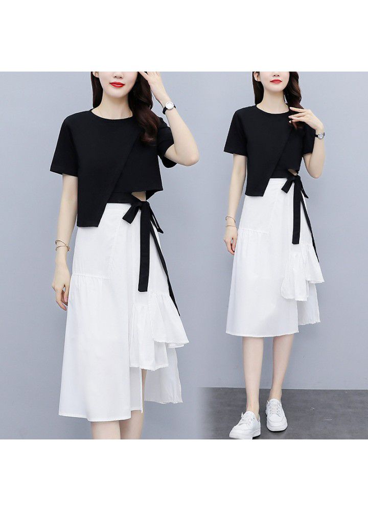 2021 summer new women's fashion temperament irregular design short top + skirt suit two piece set