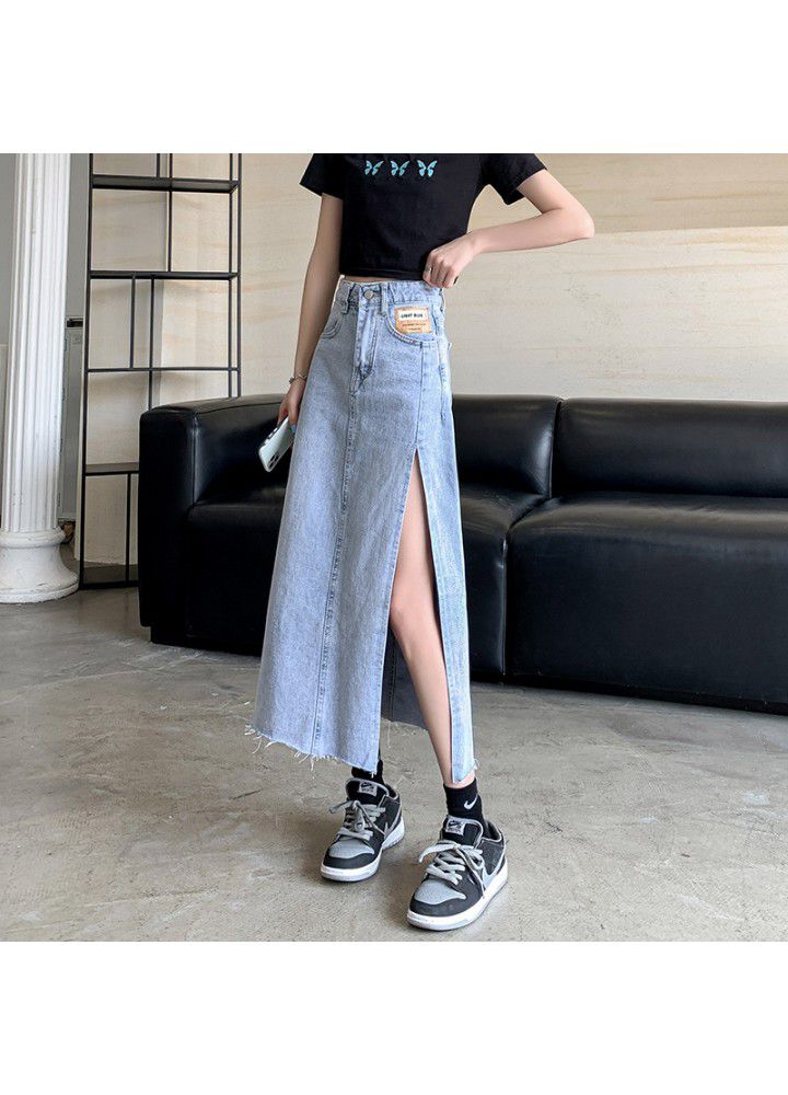 High waist side split denim skirt women's new summer cotton Korean slim fit & slim in middle length A-line skirt