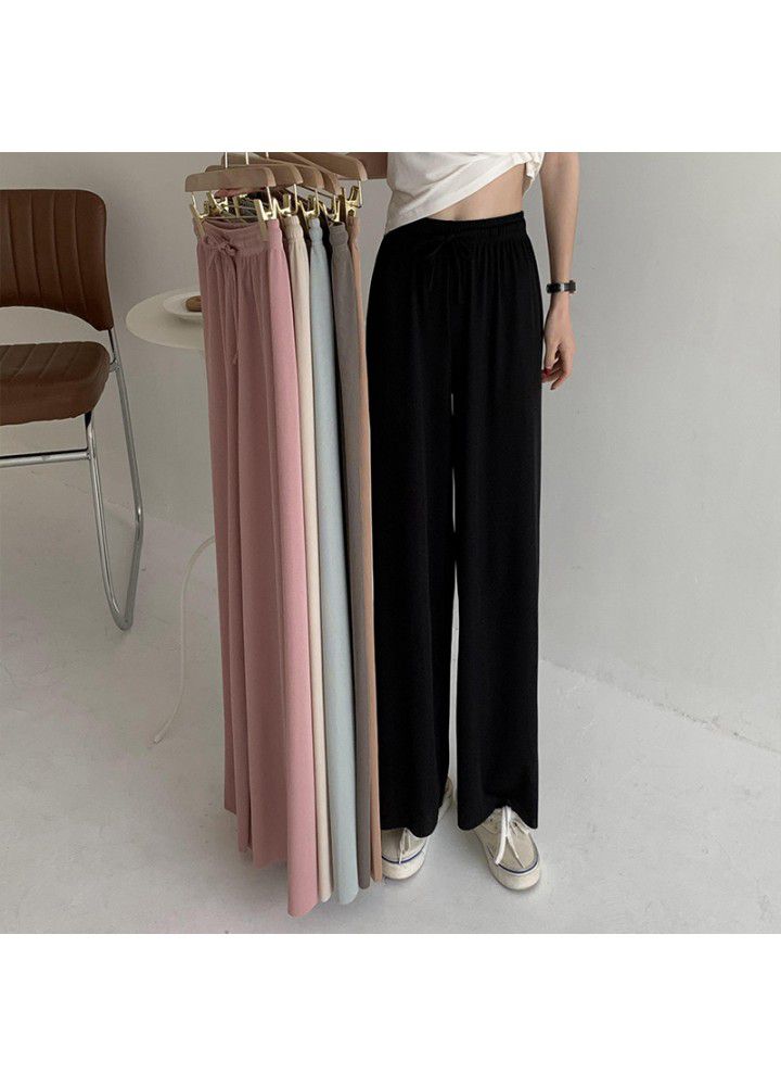 Ice silk wide leg pants women's high waist 2021 summer new thin vertical loose straight knitted casual pants