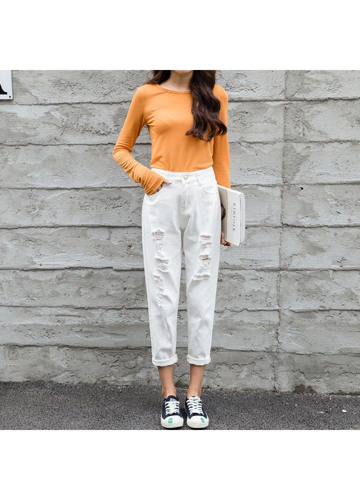 2021 summer new perforated jeans women's Capris Korean fashion BF loose and Slim small foot 9-point Harem Pants