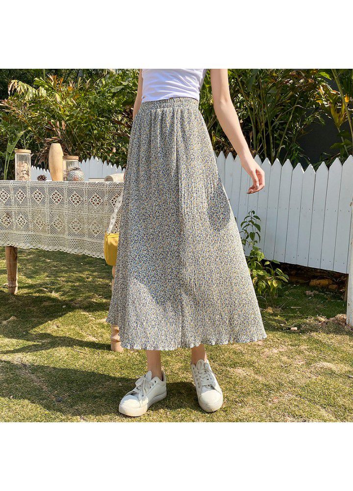 Real photo 2021 summer new chiffon skirt women's high waist pleated print A-line skirt medium length floral skirt