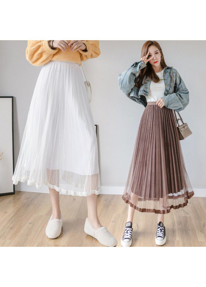 Real shot 2020 spring new Korean splicing velvet pleated gauze skirt women's mid length Fairy Dress