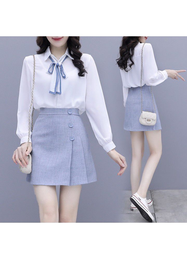 2021 spring new chiffon shirt long sleeve small tie tie tie white shirt skirt two piece set