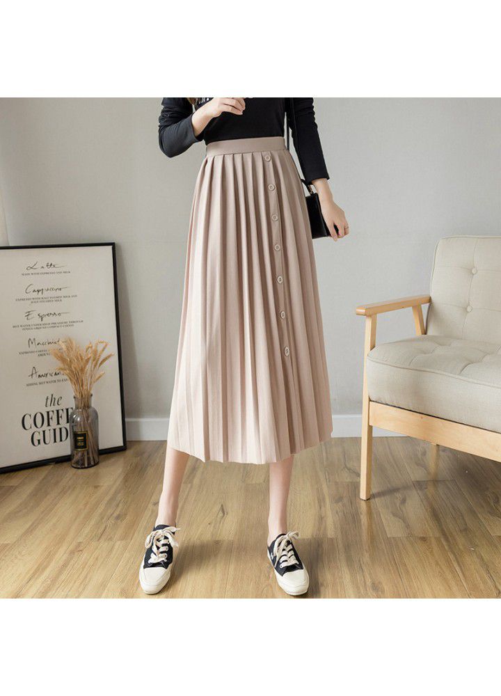 Spring and summer 2021 new Korean press fold breasted skirt elastic waist large pleated skirt medium length skirt