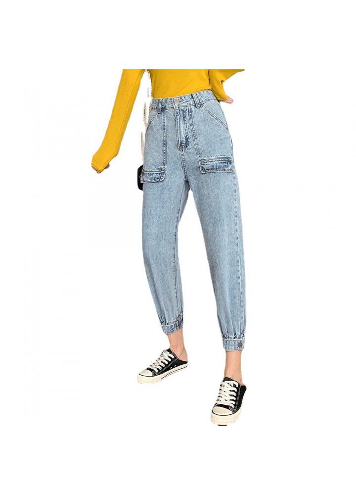 2021 spring and summer overalls women's high waist legged radish pants nine cool cool cowboy daddy pants small man