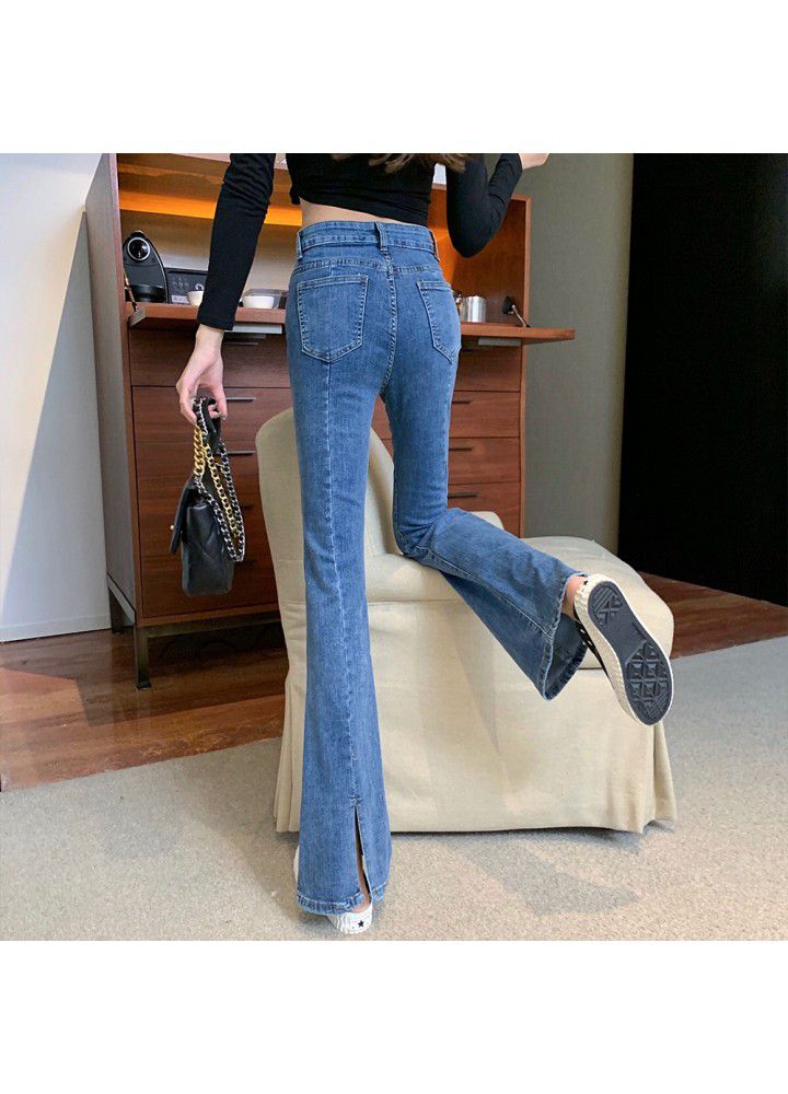 2021 spring Hong Kong style retro chic split flared jeans women's high waisted slim pants