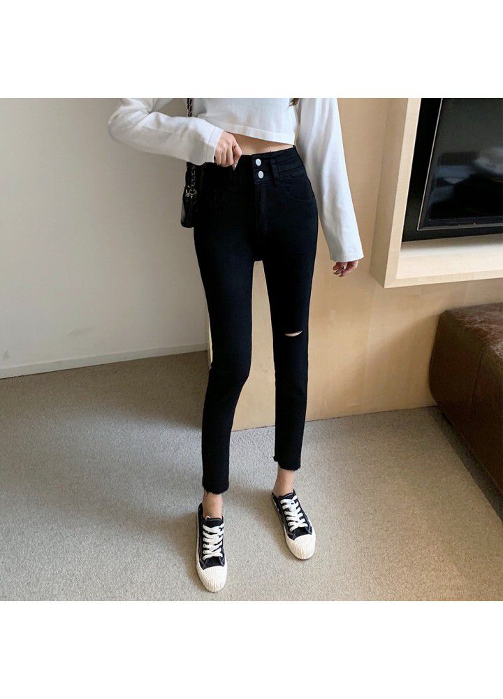 Spring 2021 new real shot hole casual jeans Leggings black elastic high waist tight pencil pants female