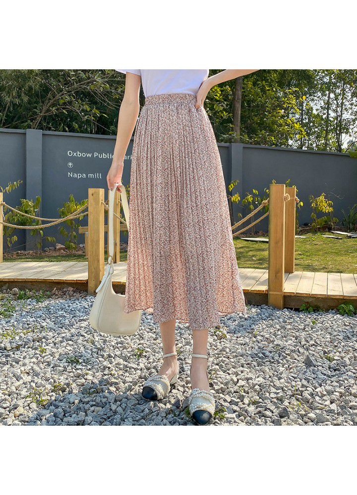 Real photo 2021 summer new high waist and thin temperament chiffon skirt versatile long skirt women's pleated floral skirt