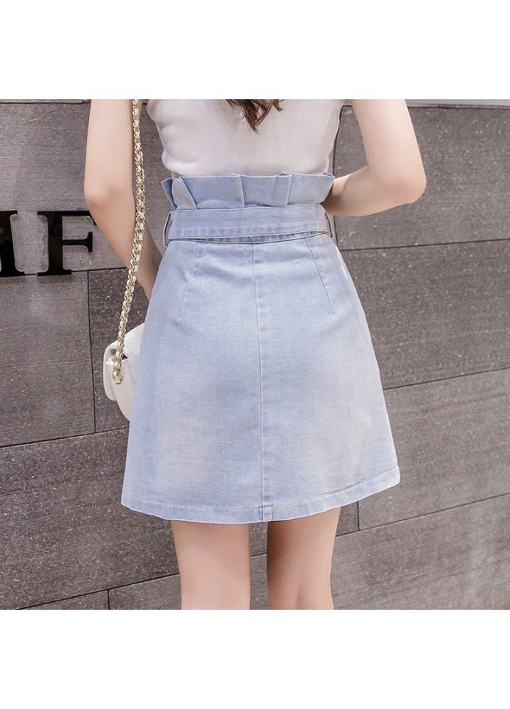 Real shot 2021 summer new Korean versatile bract high waist bow denim skirt women's A-line skirt