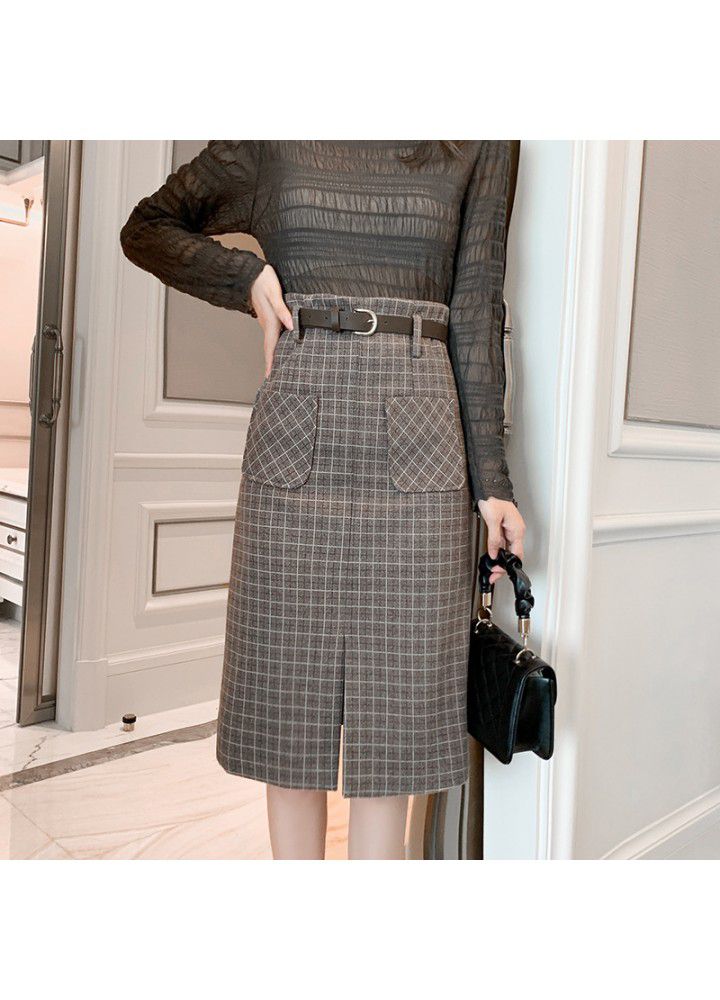Autumn and winter 2020 new woolen Plaid mid length skirt with high and thin waist