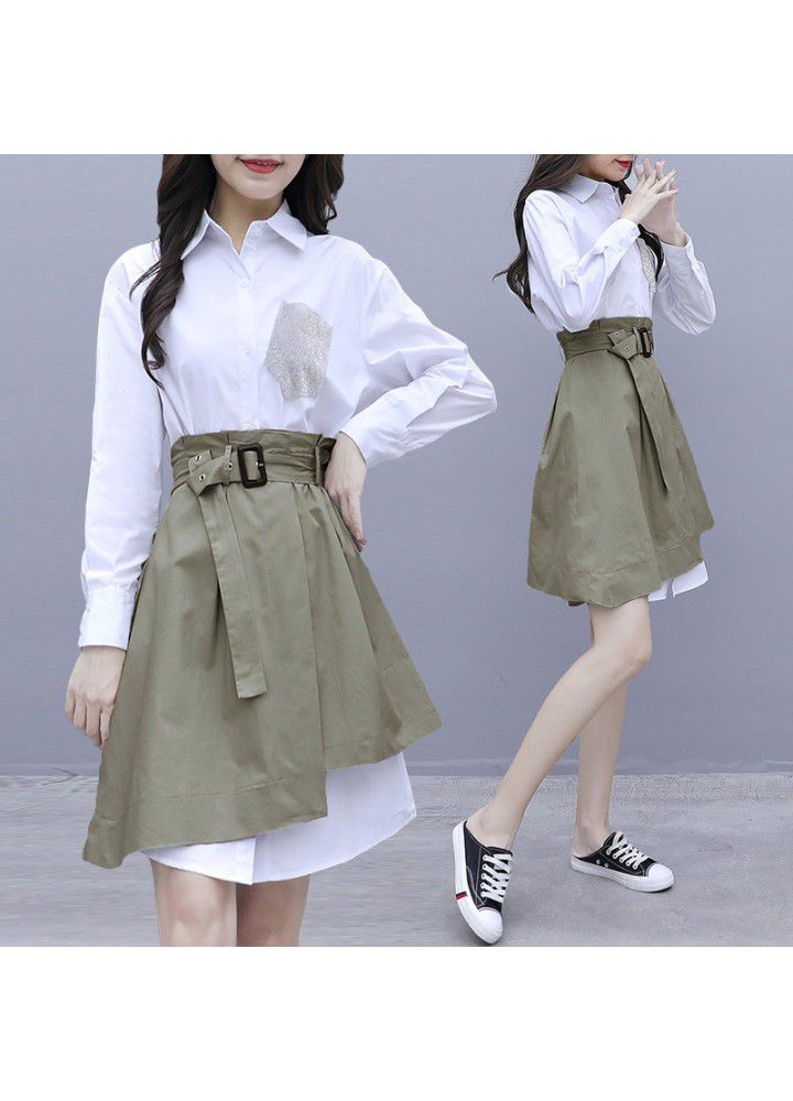 White shirt long sleeve dress spring new women spring autumn 2021 popular skirt suit two piece set