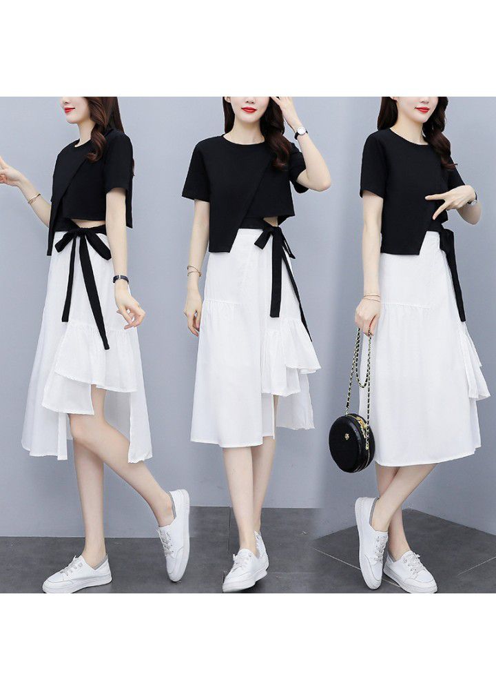 2021 summer new women's fashion temperament irregular design short top + skirt suit two piece set