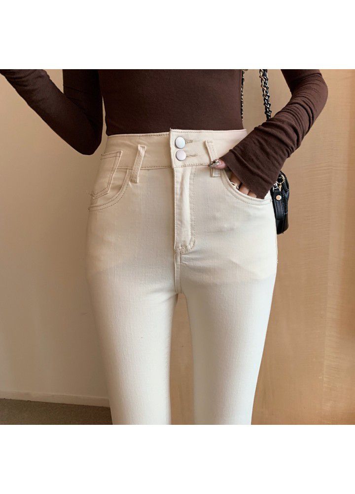 Real photo of beige jeans female 2021 spring new high waist slim tight elastic Leggings pencil pants fashion