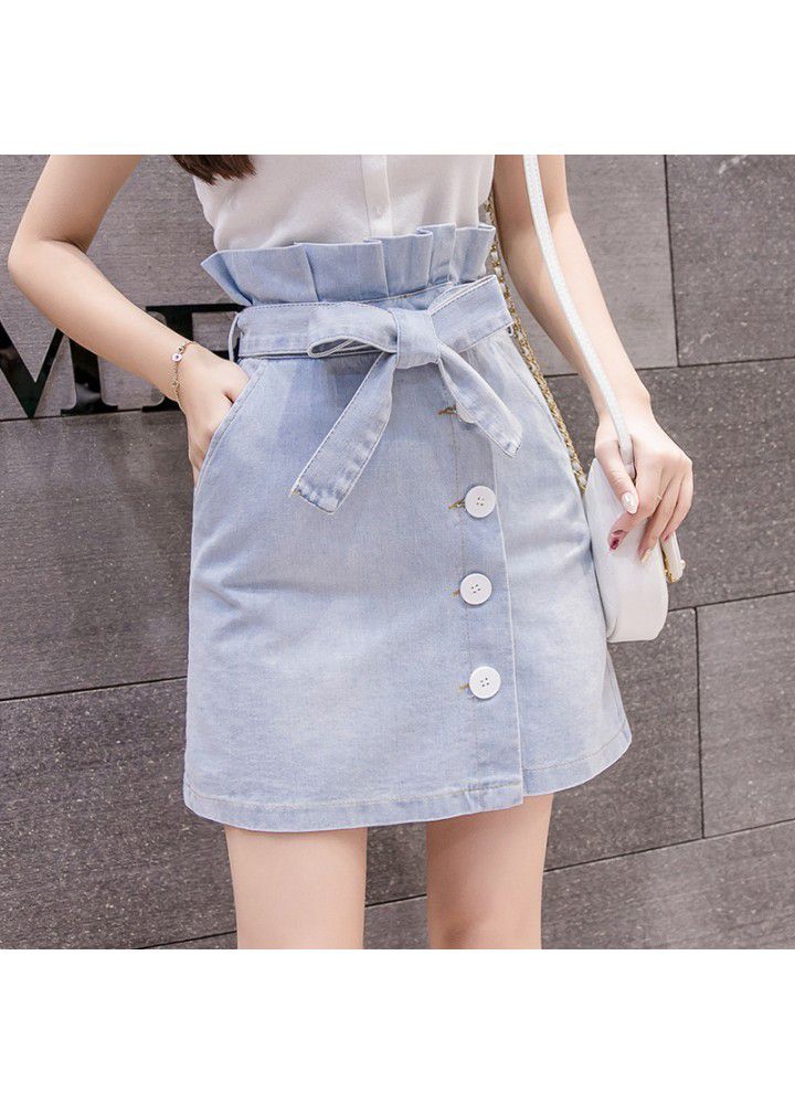 Real shot 2021 summer new Korean versatile bract high waist bow denim skirt women's A-line skirt