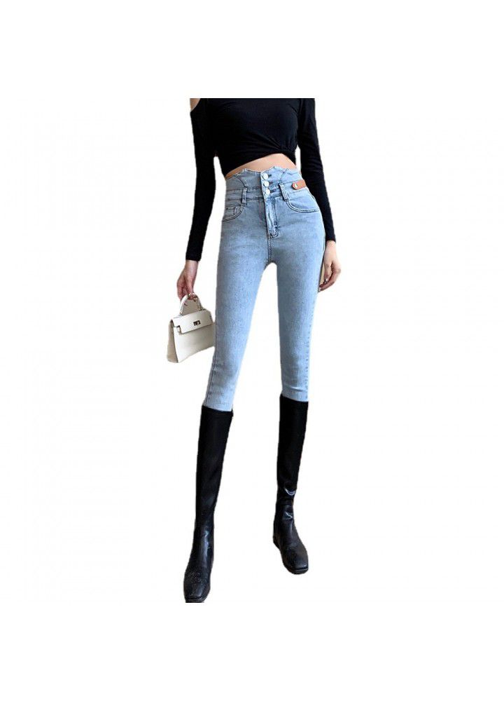 Real shot 2021 spring high waist thin irregular leg jeans women's elastic leather pencil 9 points