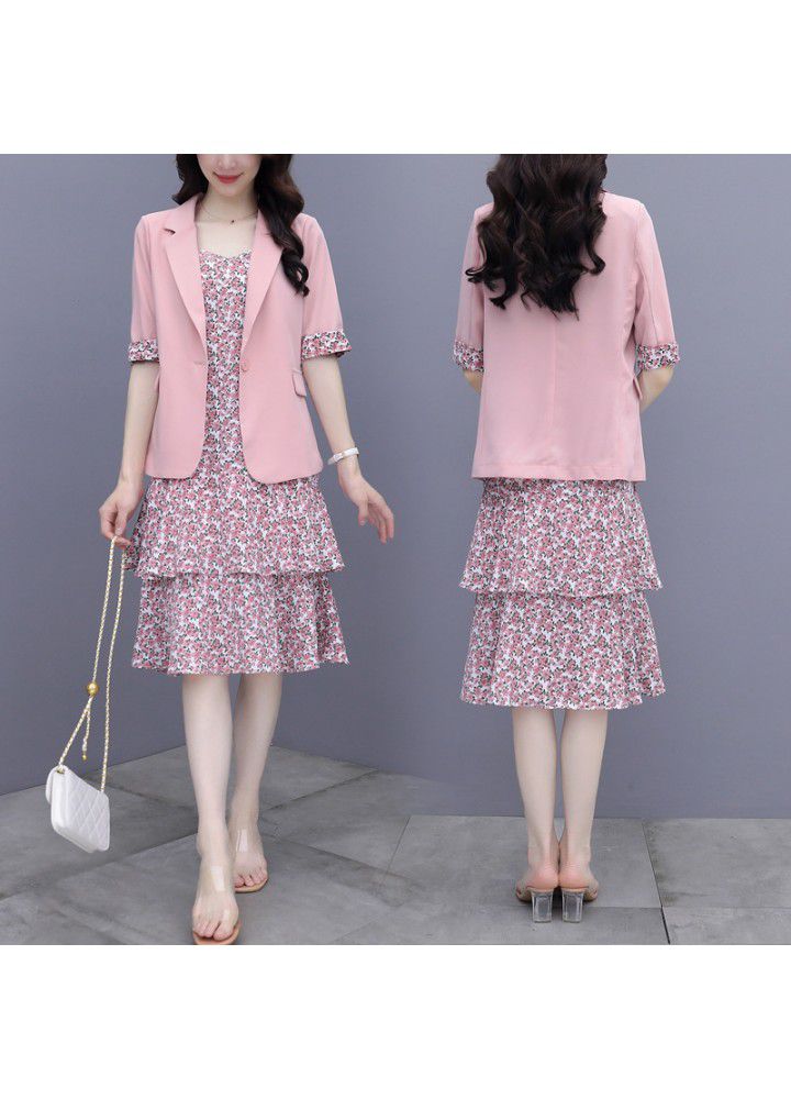 Suit dress women's summer 2021 new floral dress 2-piece suit dress with fashionable waist and thin foreign style