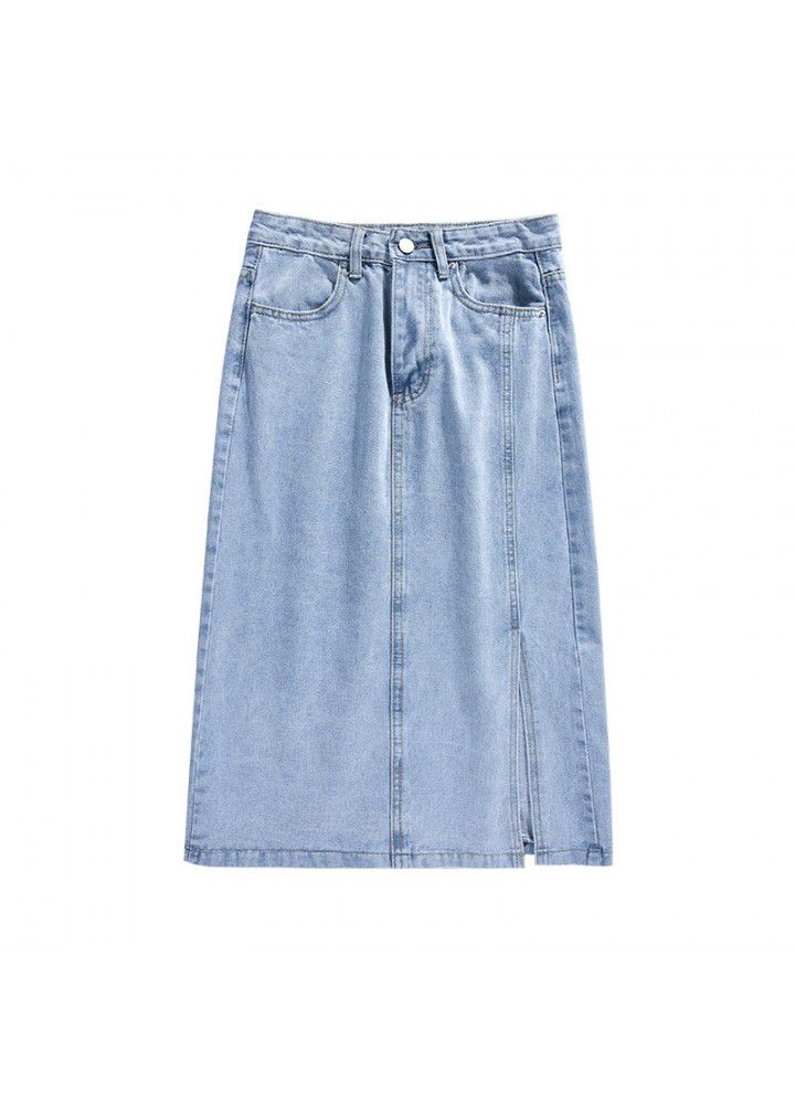Summer new denim skirt, women's high waist slim, open fork fashion, middle and long buttock skirt, A-line women's dress