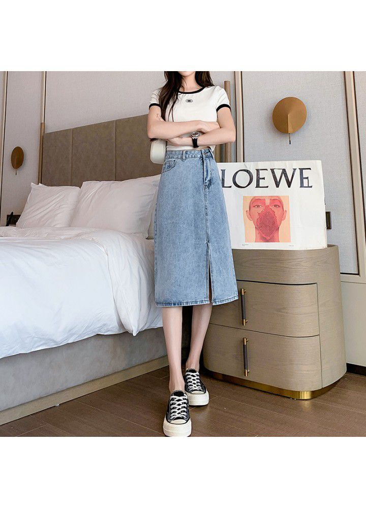 Split length denim skirt women's summer new cotton high waist slim temperament age reduction package hip skirt wholesale