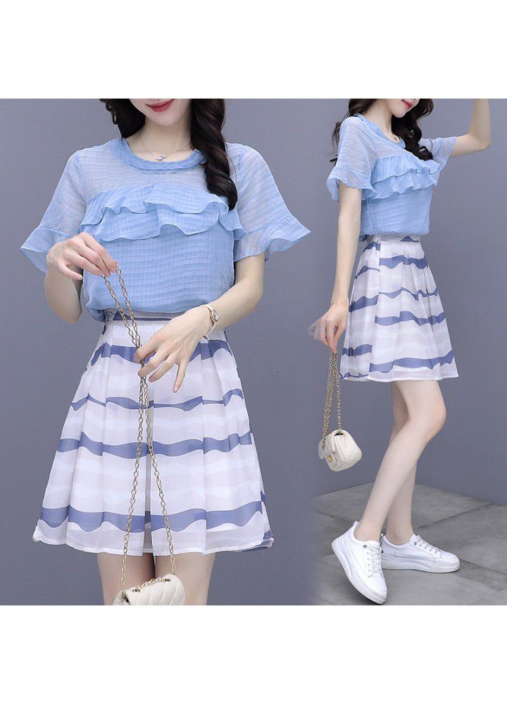 Skirt suit women's summer new dress 2021 show thin and small Fashion Chiffon Top Skirt two piece set
