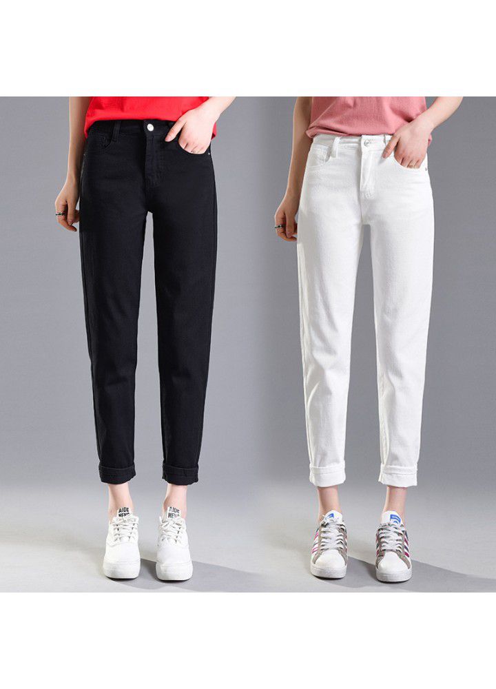 Summer high waist students show thin radish pants versatile jeans Harem Pants women's black and white BF loose Capris wholesale