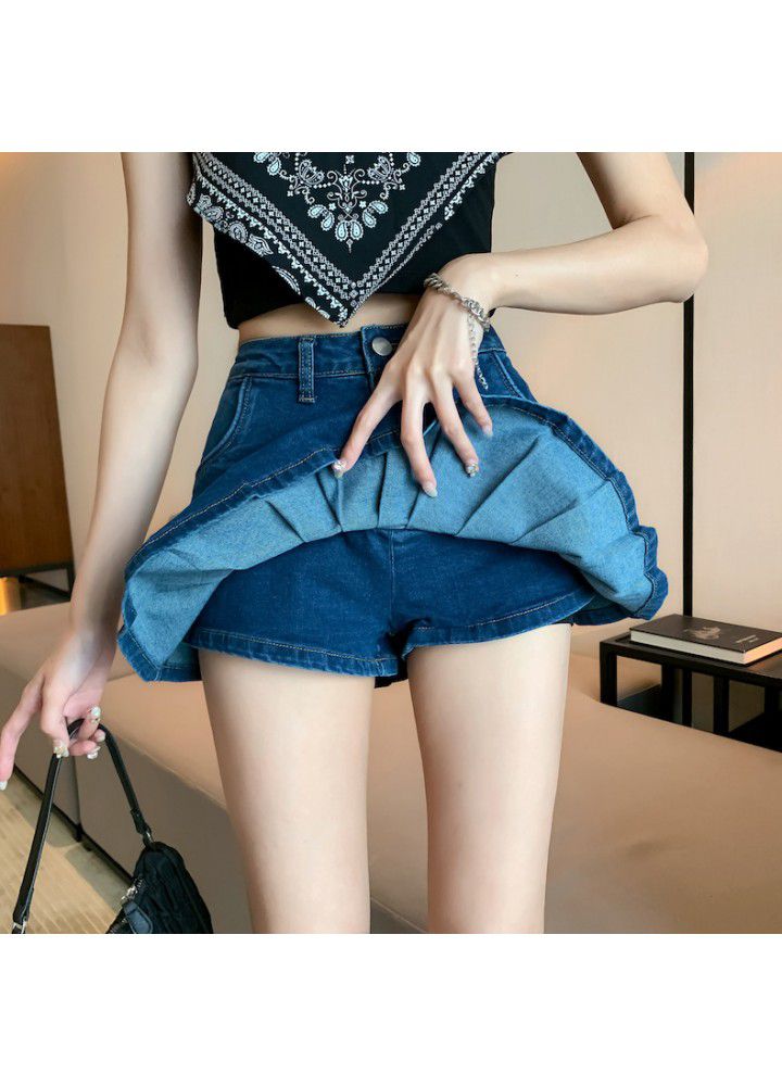 Skirt summer new high waisted slim denim pleated skirt niche design small bust