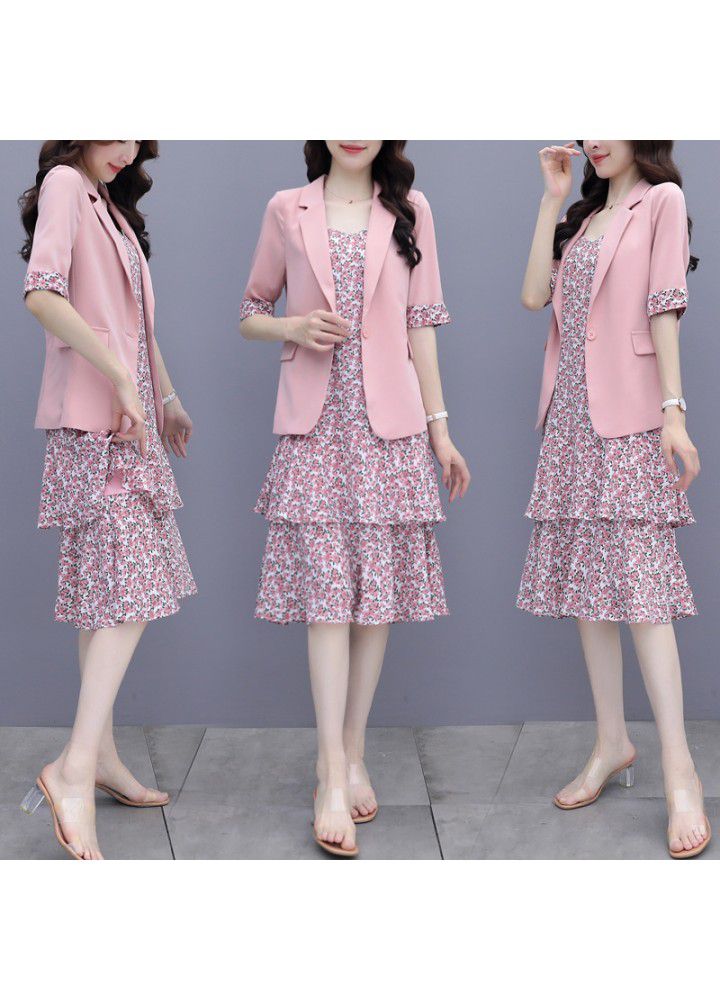 Suit dress women's summer 2021 new floral dress 2-piece suit dress with fashionable waist and thin foreign style