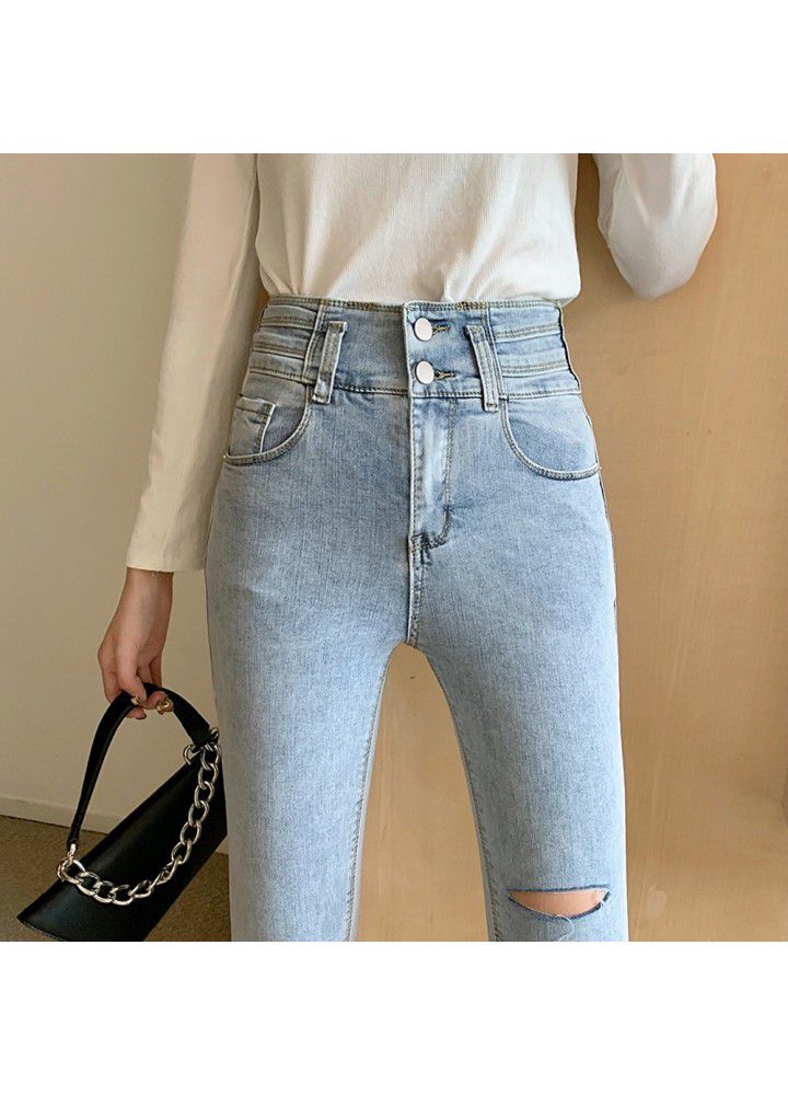 Spring 2021 new real shot hole casual jeans Leggings black elastic high waist tight pencil pants female