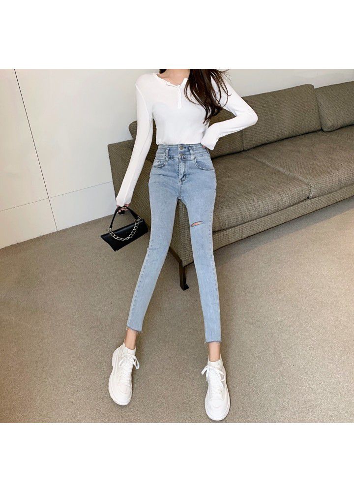 Spring 2021 new real shot hole casual jeans Leggings black elastic high waist tight pencil pants female