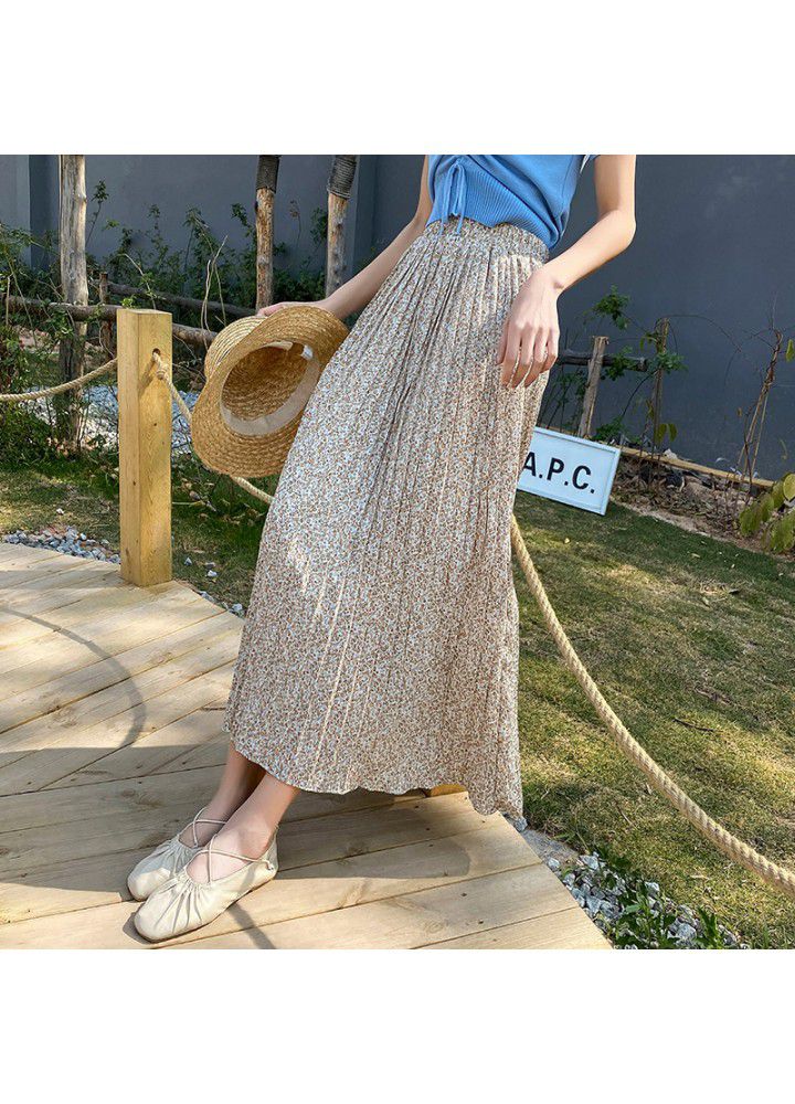 Real photo 2021 summer new high waist and thin temperament chiffon skirt versatile long skirt women's pleated floral skirt