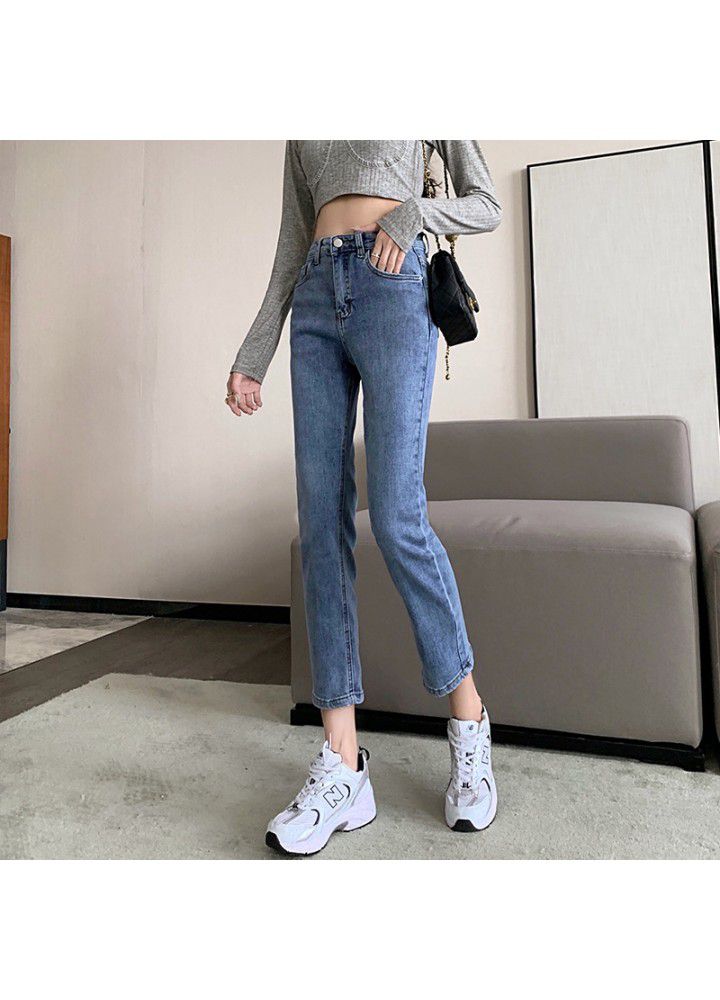 2021 new spring high waist split straight jeans women's spring elastic small pipe Pants Capris