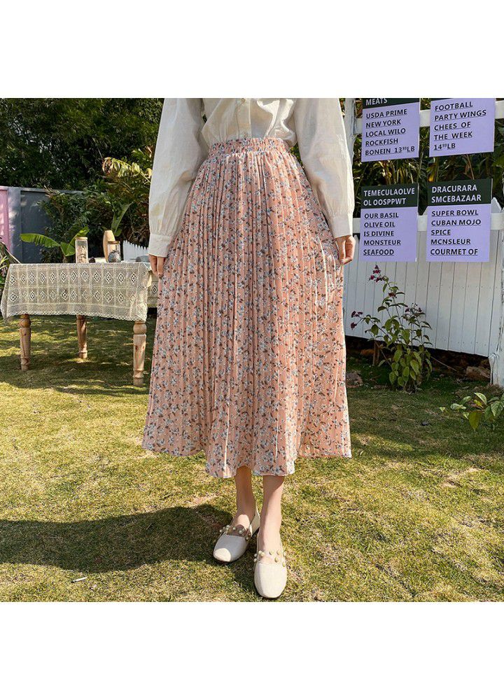 Real shot floral skirt women's 2021 summer mid length skirt high waist and thin A-line skirt long Chiffon pleated skirt women's dress