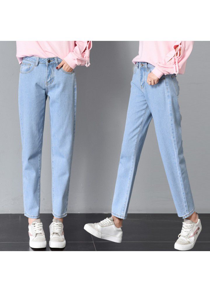 2021 new cross border women's wear Korean college loose and comfortable jeans female student BF wind small straight leg Capris