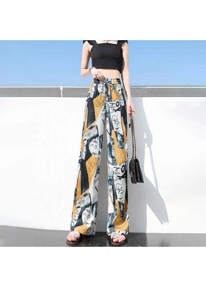 Large size wide leg pants 2021 summer new casual women's print tie dye loose Korean Girls College style pants