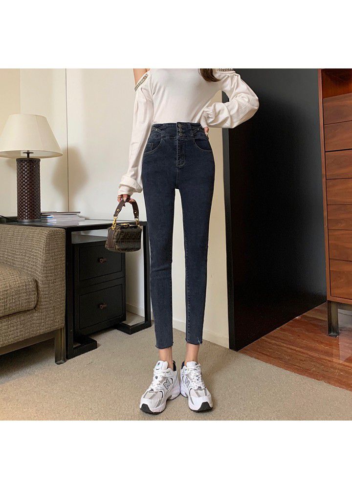 2021 new breasted high waist skinny jeans for women in spring and Autumn