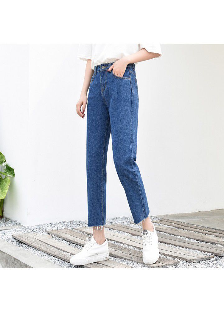 Summer straight white cropped jeans women's wear new Korean slim high waist baggy pants in 2019
