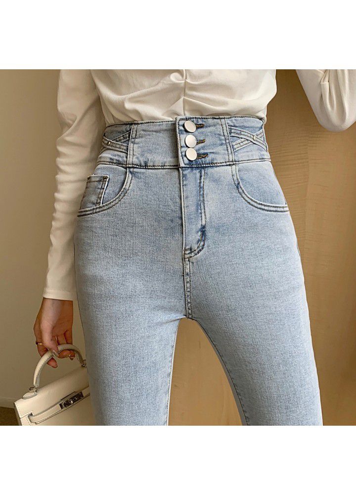 2021 new breasted high waist skinny jeans for women in spring and Autumn